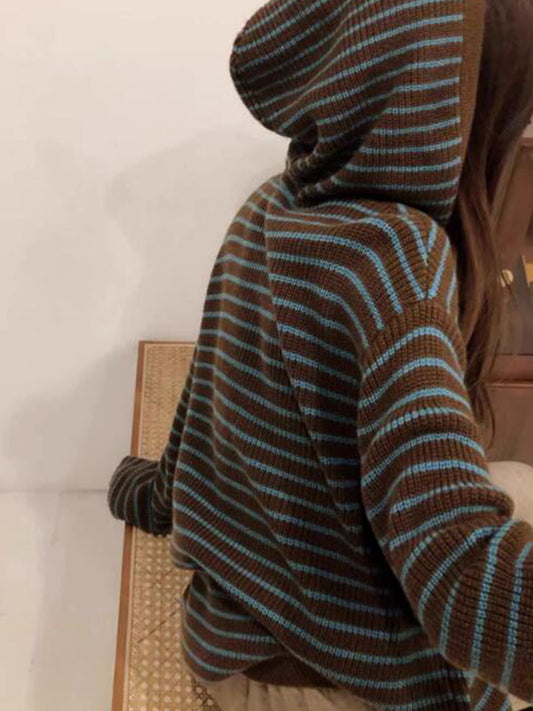 Vintage Coffee Color Hooded Stripe Lace Up Sweater