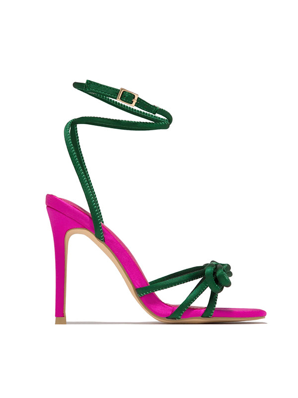 Bowknot Contrast Color Square Stilettos Pumps Sandals