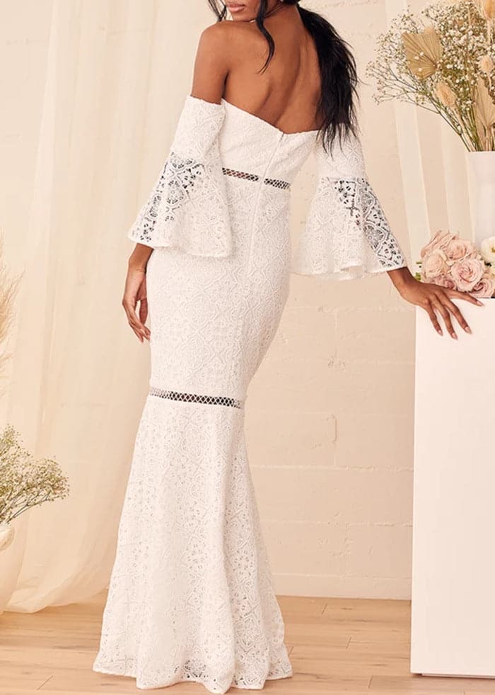 White Off The Shoulder Lace Evening Gowns