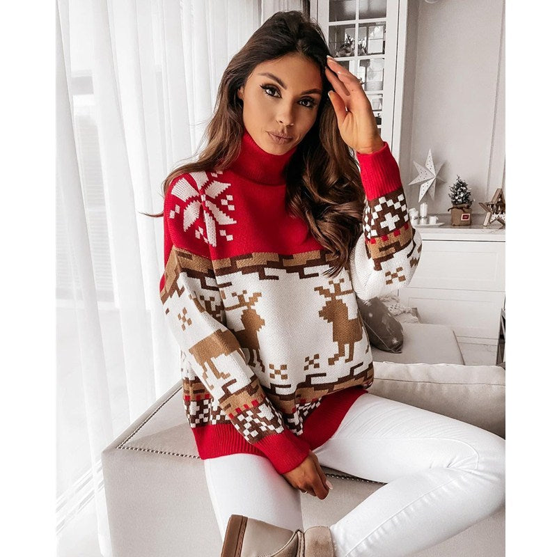Christmas Turtleneck Sweaters Long Sleeve Elk Snowflake Pattern Pullovers Loose