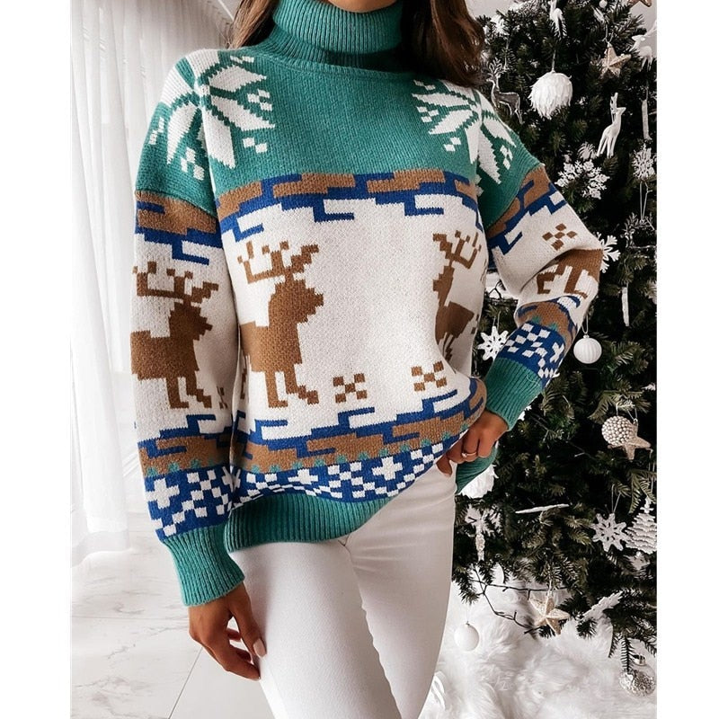 Christmas Turtleneck Sweaters Long Sleeve Elk Snowflake Pattern Pullovers Loose