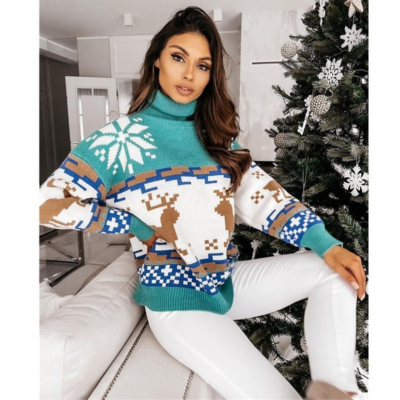 Christmas Turtleneck Sweaters Long Sleeve Elk Snowflake Pattern Pullovers Loose