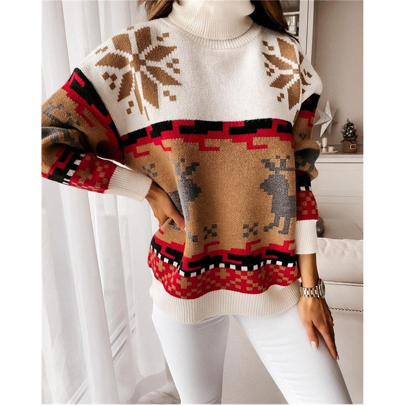Christmas Turtleneck Sweaters Long Sleeve Elk Snowflake Pattern Pullovers Loose