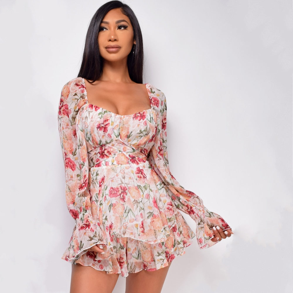 Floral Square Neck Ruffle Romper