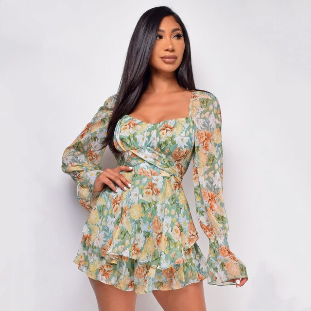 Floral Square Neck Ruffle Romper