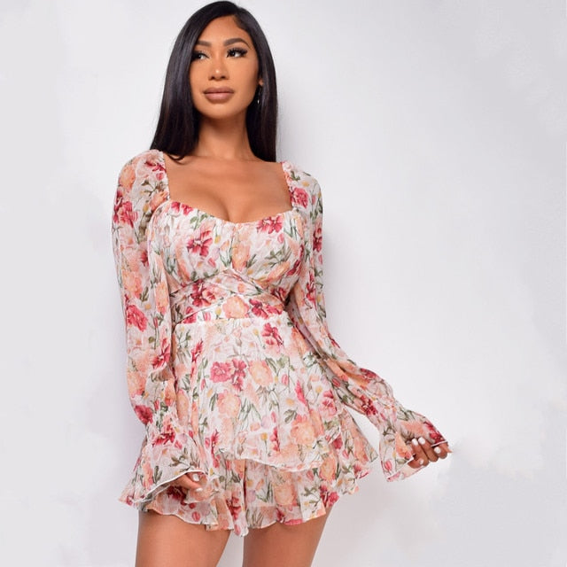 Floral Square Neck Ruffle Romper