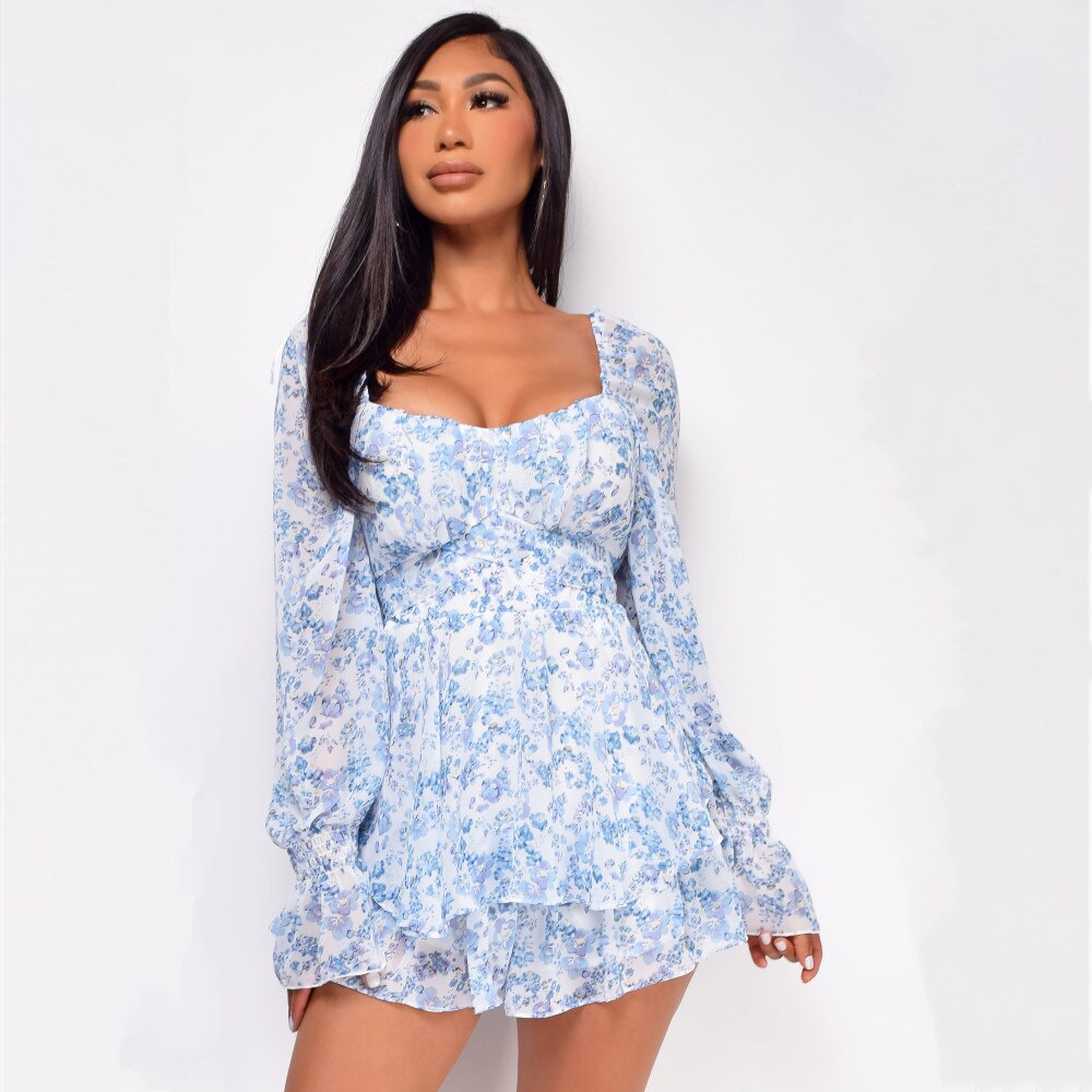 Floral Square Neck Ruffle Romper