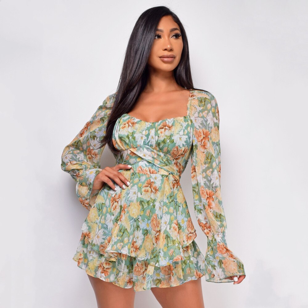 Floral Square Neck Ruffle Romper