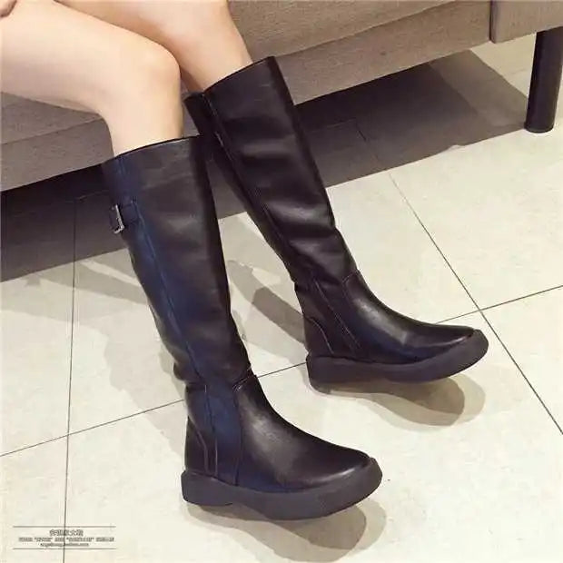 Zipper Solid Winter Casual Fleeces Leather Flat Knee High Boots