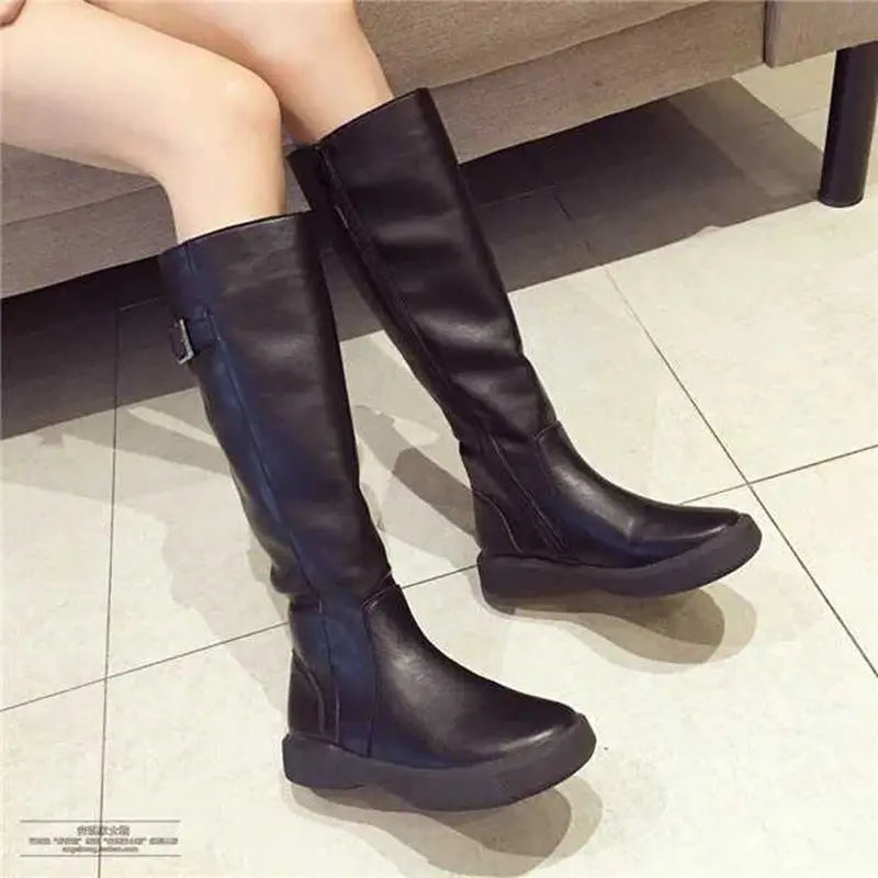 Zipper Solid Winter Casual Fleeces Leather Flat Knee High Boots