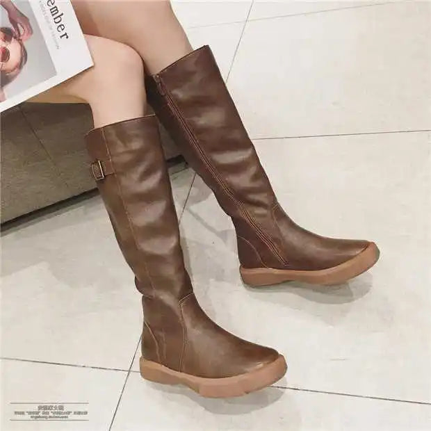 Zipper Solid Winter Casual Fleeces Leather Flat Knee High Boots