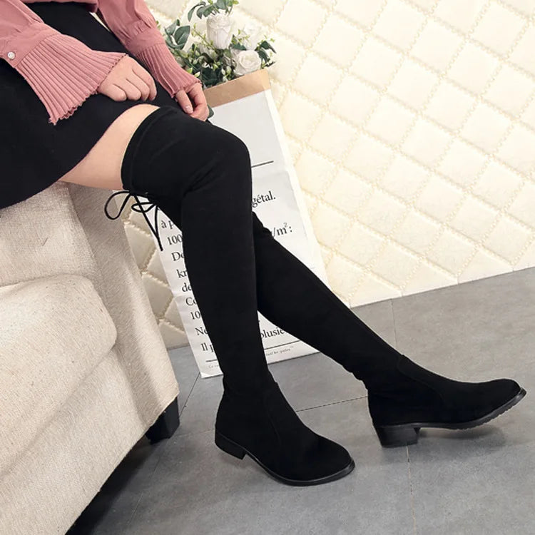 Over The Round Toe Warm Stretch Fabric Big Size Knee High Boots