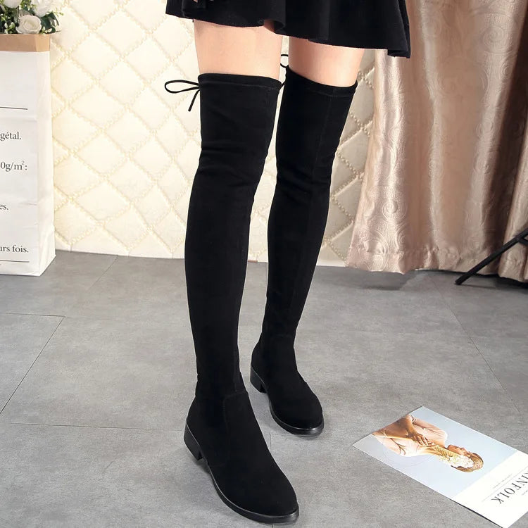 Over The Round Toe Warm Stretch Fabric Big Size Knee High Boots