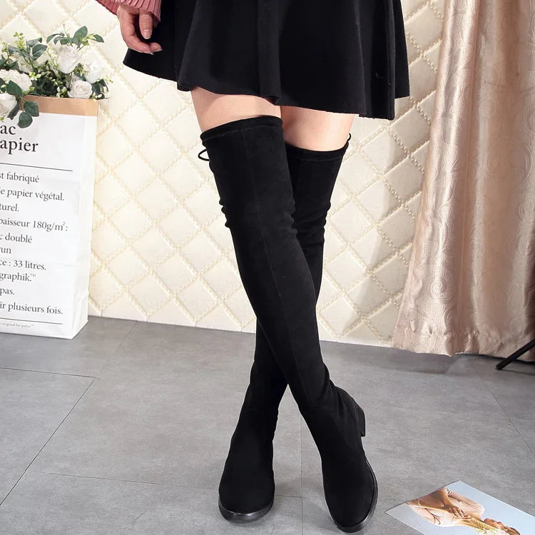 Over The Round Toe Warm Stretch Fabric Big Size Knee High Boots
