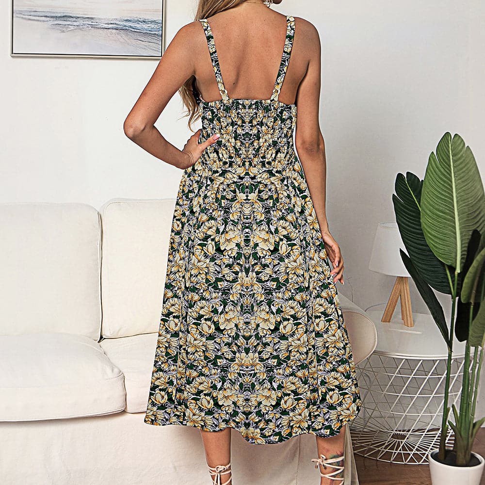 Sling Ruffle Dress Floral Print Button Sundress