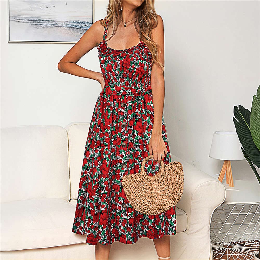 Sling Ruffle Dress Floral Print Button Sundress