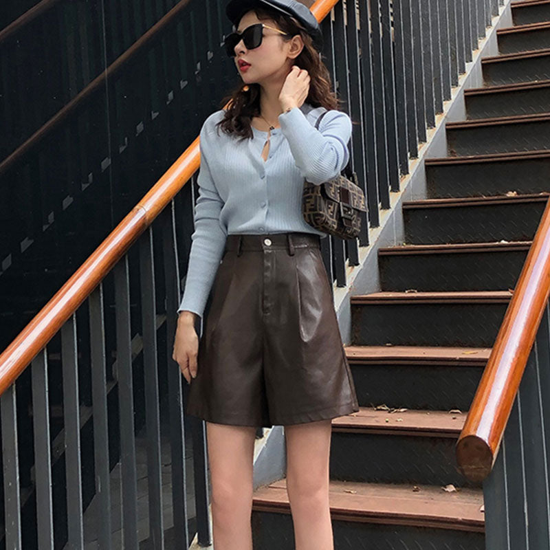 Half Leather Shorts Kahiq Shorts PU Elastic High Waisted Wide Leg Loose Short Pants