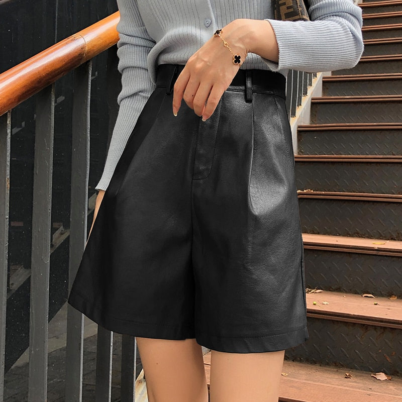 Half Leather Shorts Kahiq Shorts PU Elastic High Waisted Wide Leg Loose Short Pants