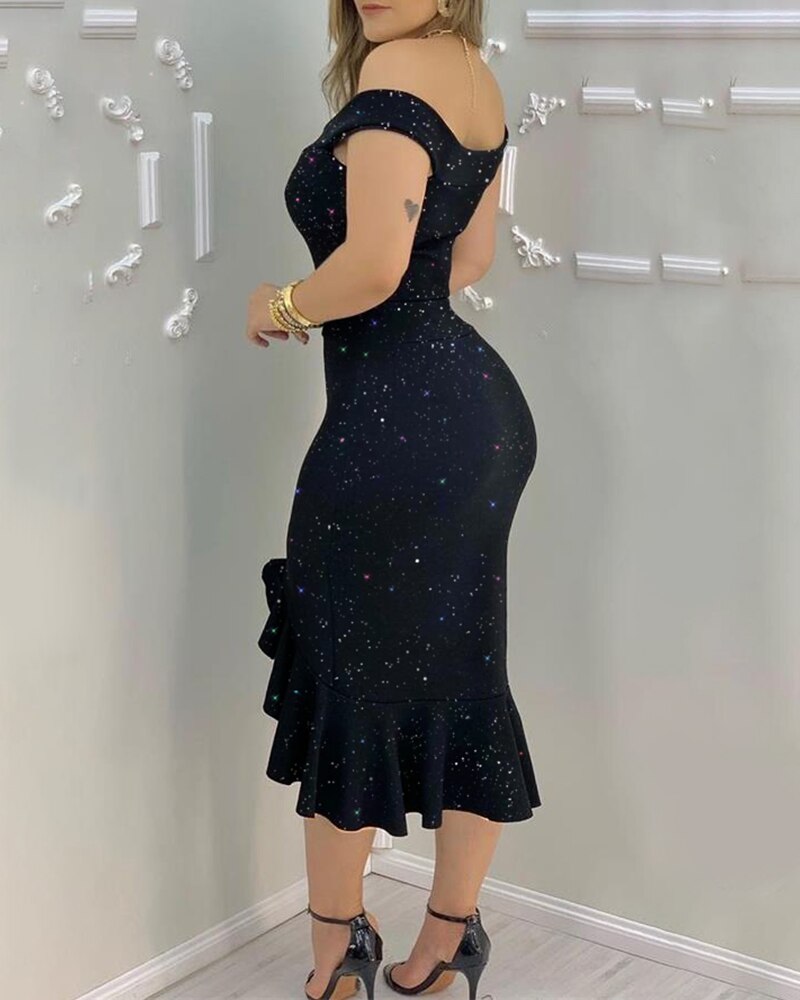 Elegant Glitter Off-Shoulder Ruffles Slit Midi Dress Party Solid Dress