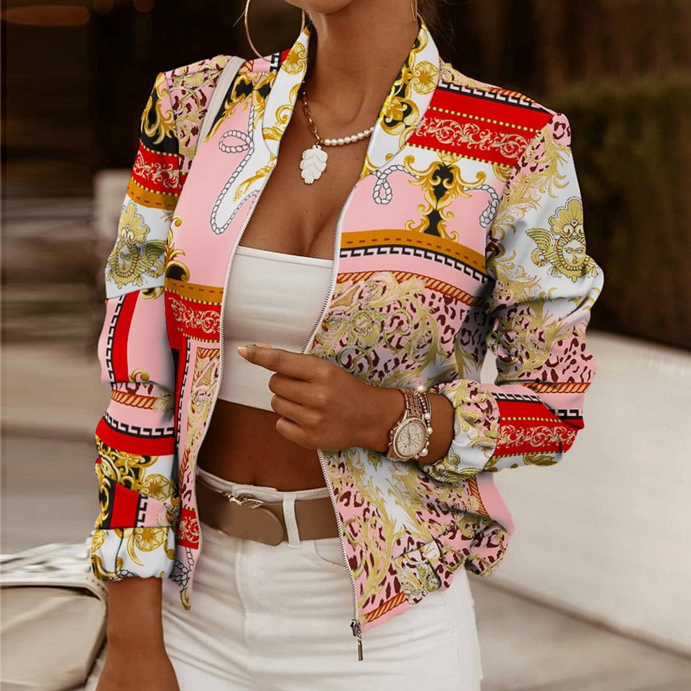 Flower Print Long Sleeve Bomber Jacket