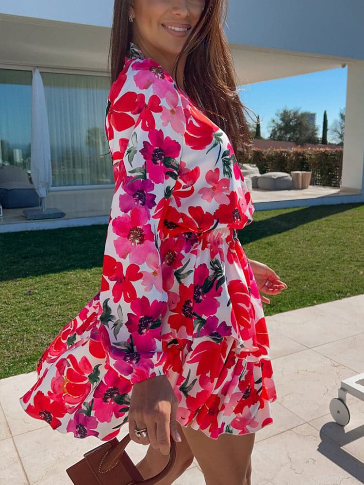 New Elegant V-Neck Design Lace-Up Ruffles Mini Dress