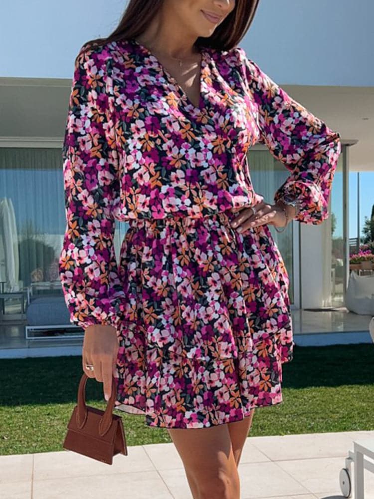 New Elegant V-Neck Design Lace-Up Ruffles Mini Dress