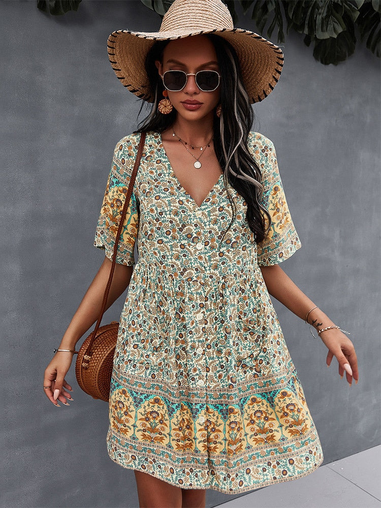 New Floral Print Summer Casual V Neck Bohemian Short Sleeve Dress For Woman
