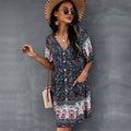 New Floral Print Summer Casual V Neck Bohemian Short Sleeve Dress For Woman