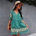 New Floral Print Summer Casual V Neck Bohemian Short Sleeve Dress For Woman