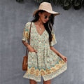 New Floral Print Summer Casual V Neck Bohemian Short Sleeve Dress For Woman