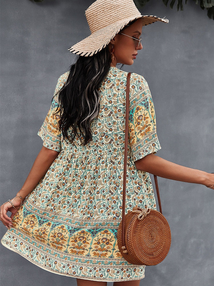 New Floral Print Summer Casual V Neck Bohemian Short Sleeve Dress For Woman