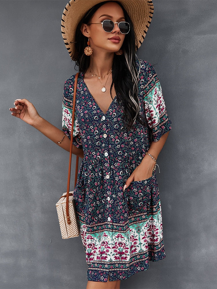 New Floral Print Summer Casual V Neck Bohemian Short Sleeve Dress For Woman