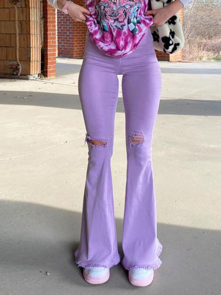 Butt-lifting Ripped Raw Edge Flared Pants Colorful High-stretch Women's Denim Trousers