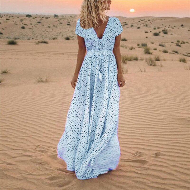Print Long Party Dress Tassel Maxi Dress Summer Short Sleeve Dresses