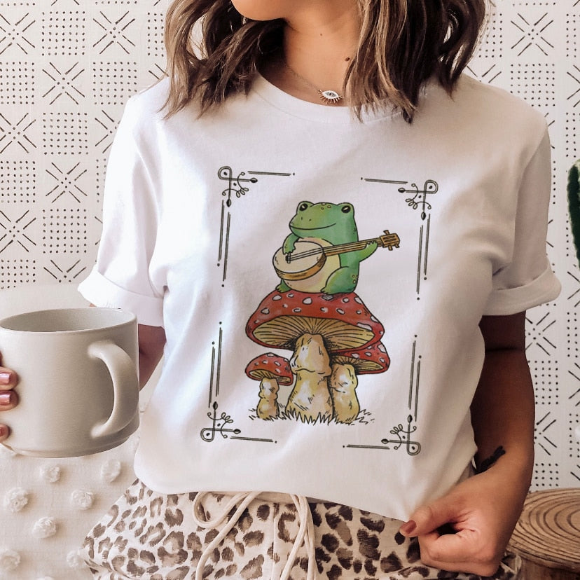 Ladies Mushroon Frog Tshirt Fashion Cartoon Animal Lady Print Tee