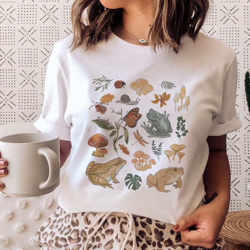 Ladies Mushroon Frog Tshirt Fashion Cartoon Animal Lady Print Tee