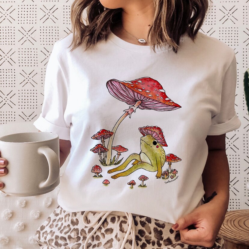 Ladies Mushroon Frog Tshirt Fashion Cartoon Animal Lady Print Tee