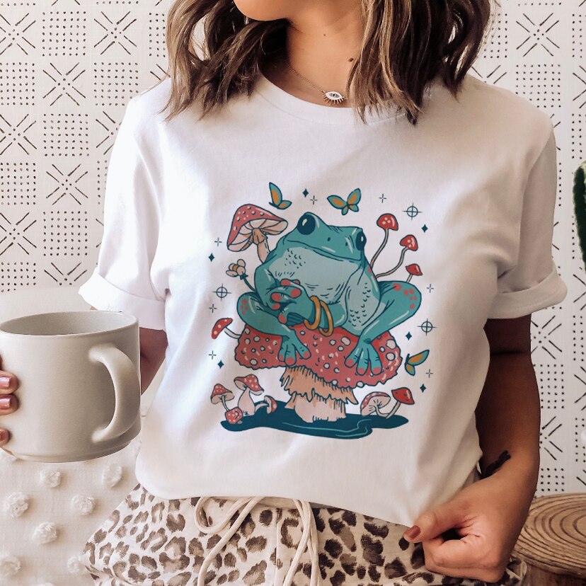 Ladies Mushroon Frog Tshirt Fashion Cartoon Animal Lady Print Tee