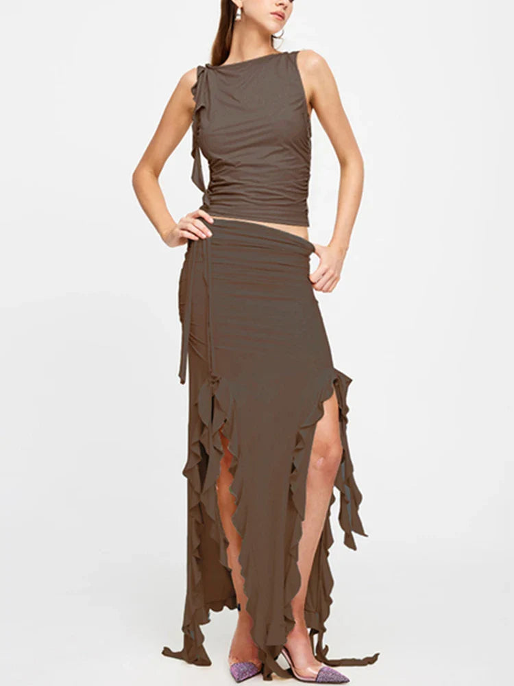 Fashion Party Ruffles Maxi Split Skirt