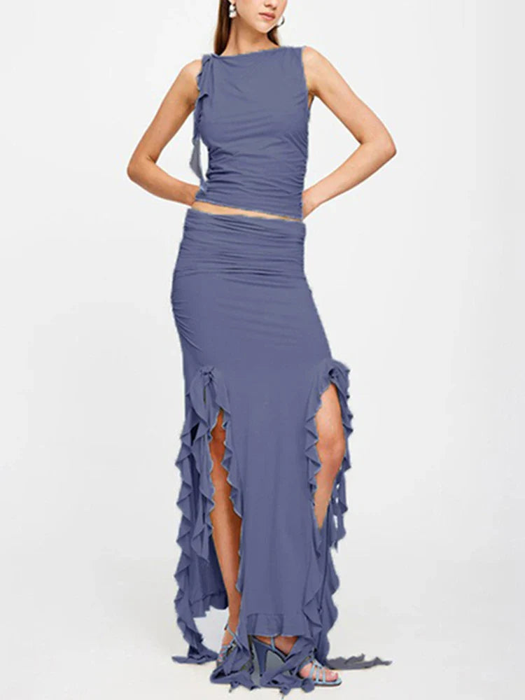 Fashion Party Ruffles Maxi Split Skirt