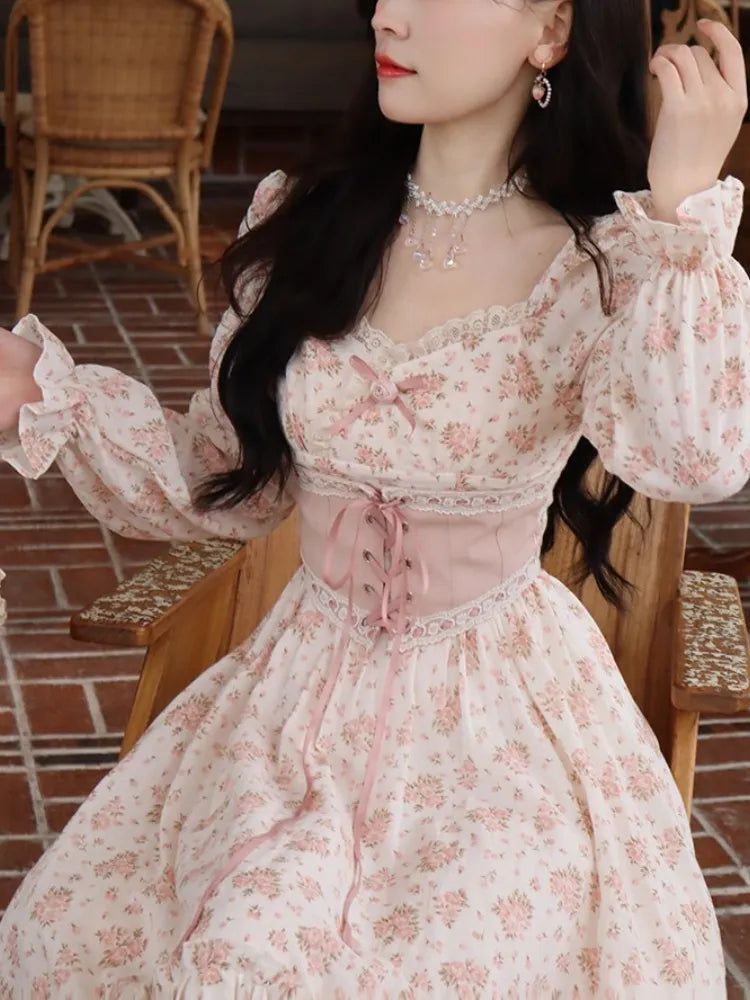 Elegant Sweet Lace Print Princess Floral Dress