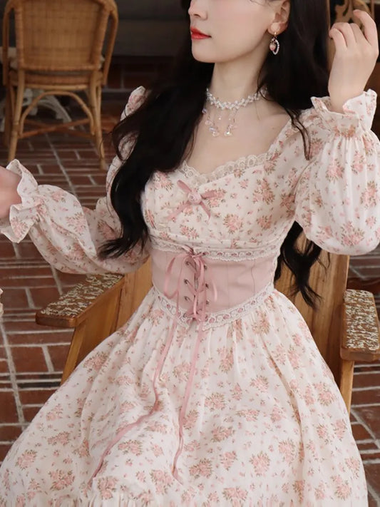 Elegant Sweet Lace Print Princess Floral Dress