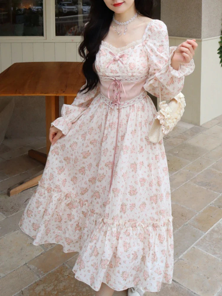 Elegant Sweet Lace Print Princess Floral Dress