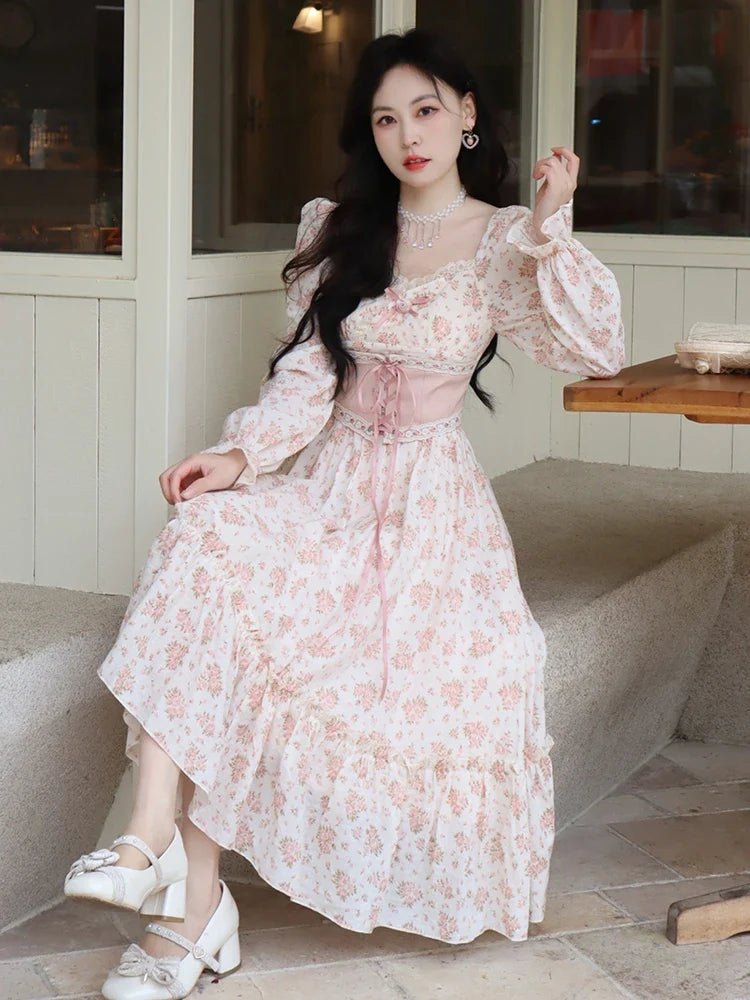 Elegant Sweet Lace Print Princess Floral Dress