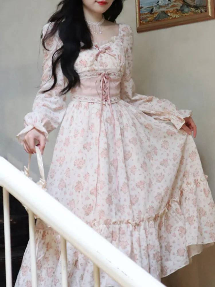 Elegant Sweet Lace Print Princess Floral Dress