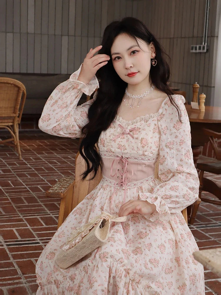 Elegant Sweet Lace Print Princess Floral Dress