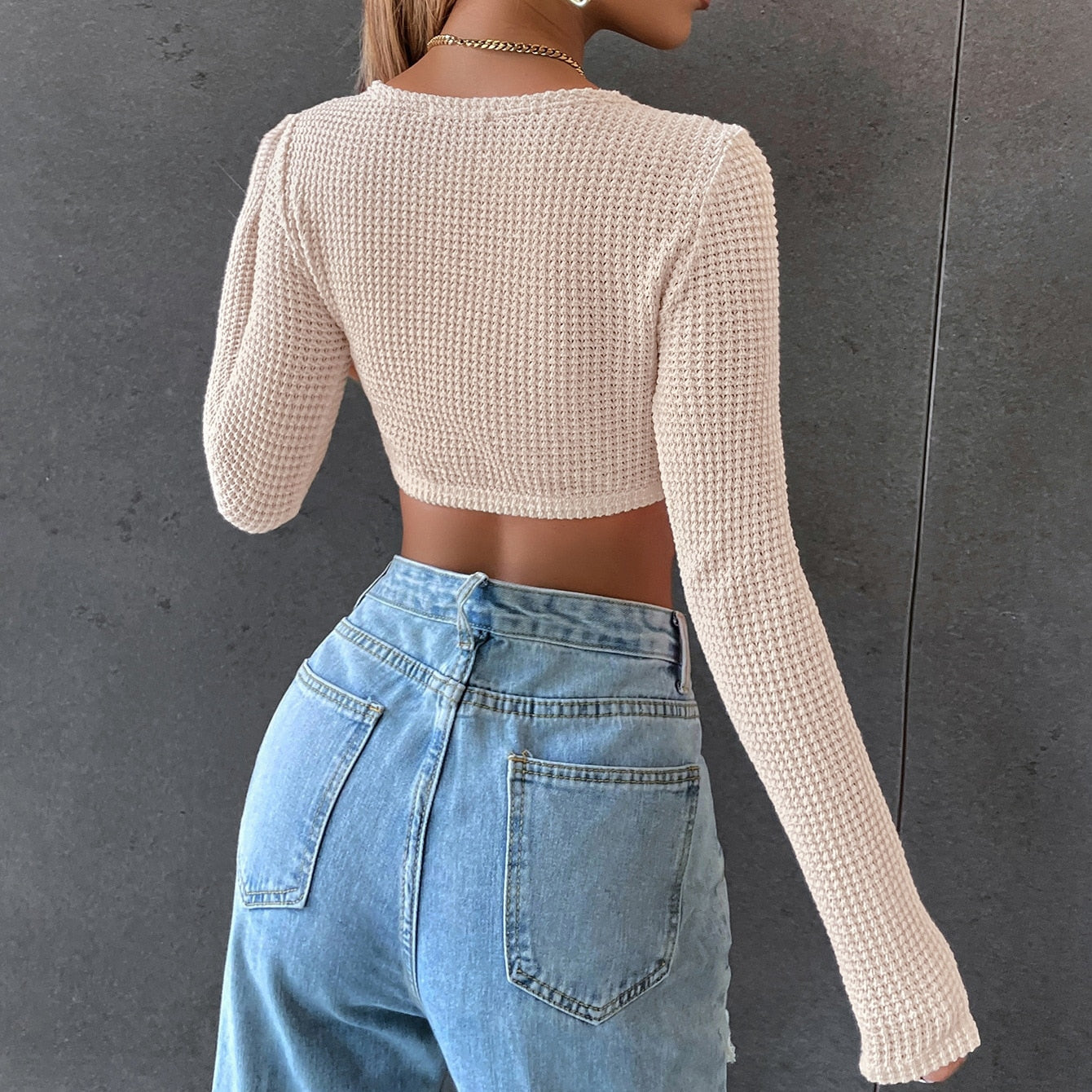 Long Sleeve Square Neck Knitted Crop Top Y2k T Shirts