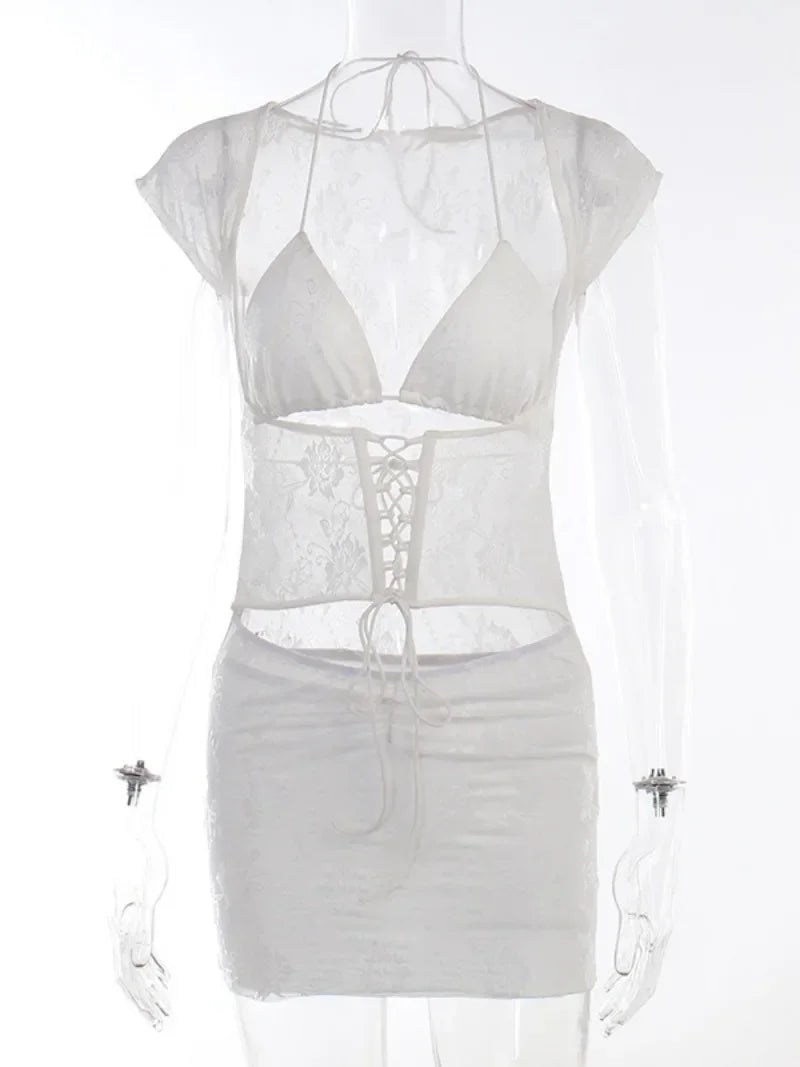 Summer Hollow Out Halter Bandage Lace Dress