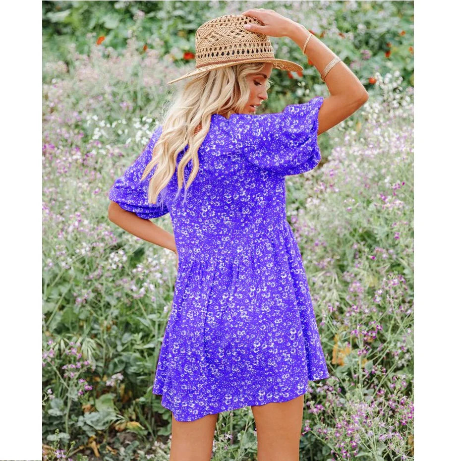 Casual Small Floral Lantern Sleeve for Boho Dress