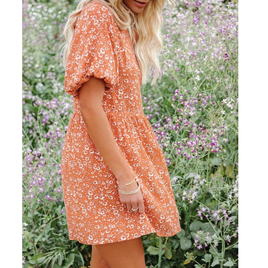 Casual Small Floral Lantern Sleeve for Boho Dress